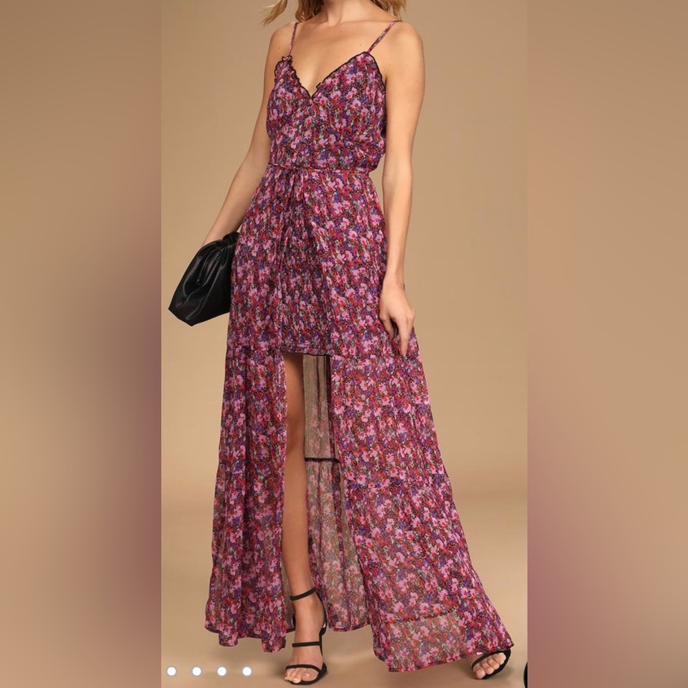 Lulu’s Set It Up Purple Multi Floral Print Two-Piece Maxi Dress Set